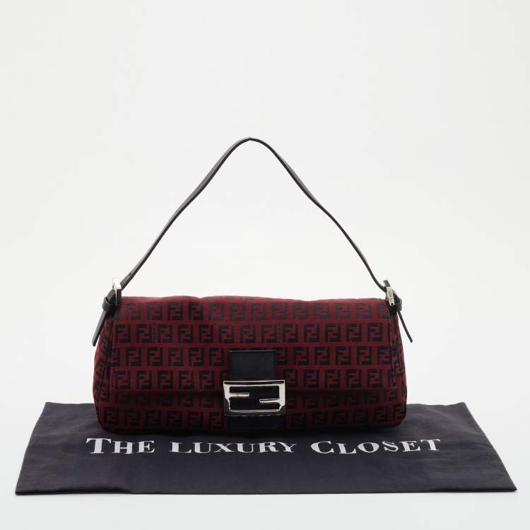 Pre Owned Fendi Red Zucchino Canvas Mama Forever Baguette Bag