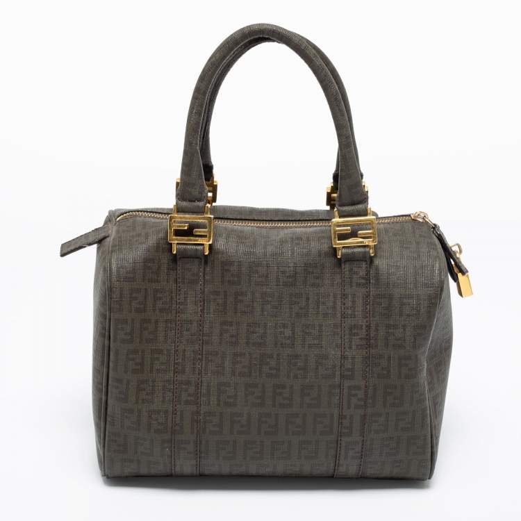 Pre Owned Fendi Grey Zucchino Coated Canvas Forever Bauletto Boston Bag