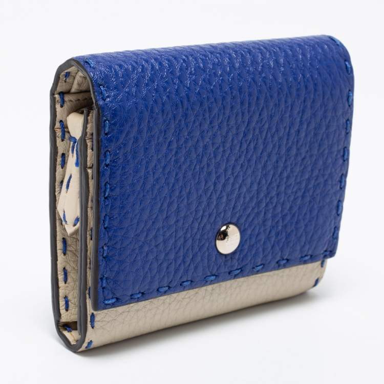 Pre Owned Fendi Blue/Light Grey Selleria Leather Trifold Compact Wallet