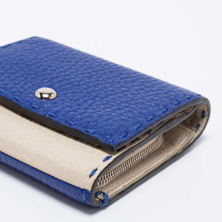 Pre Owned Fendi Blue/Light Grey Selleria Leather Trifold Compact Wallet