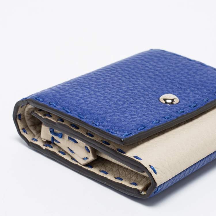 Pre Owned Fendi Blue/Light Grey Selleria Leather Trifold Compact Wallet