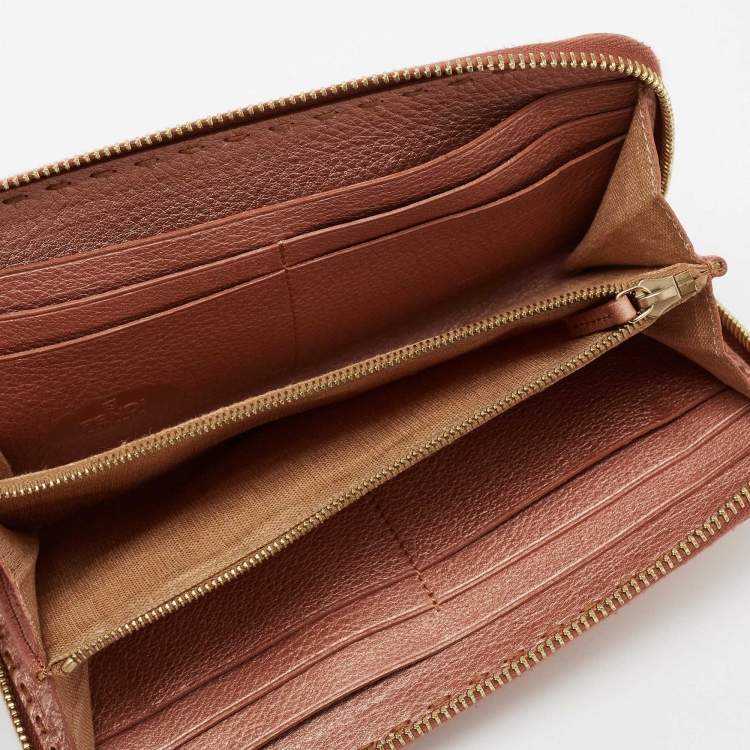 Pre Owned Fendi Metallic Rose Gold Leather Selleria Zip Around Wallet