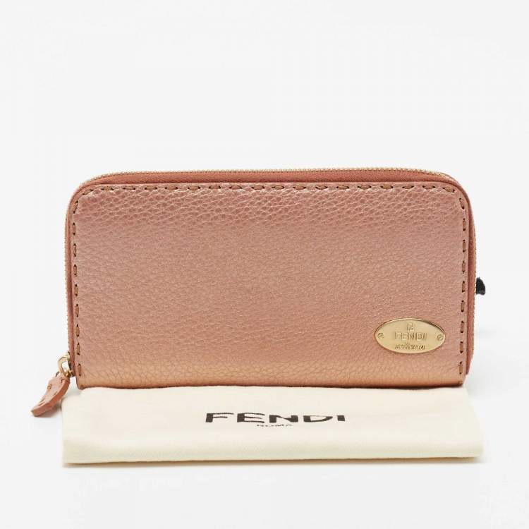 Pre Owned Fendi Metallic Rose Gold Leather Selleria Zip Around Wallet