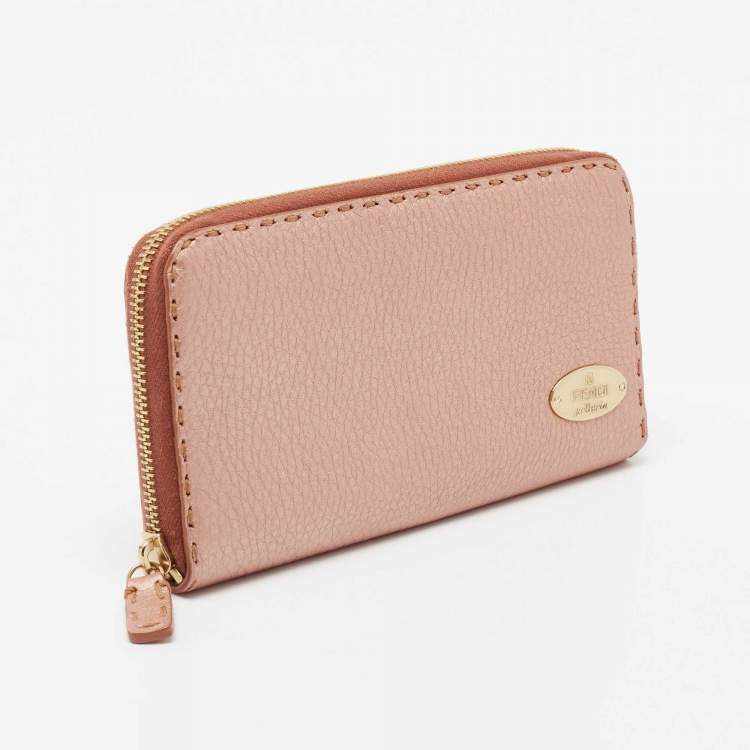 Pre Owned Fendi Metallic Rose Gold Leather Selleria Zip Around Wallet