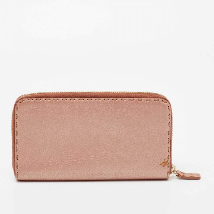 Pre Owned Fendi Metallic Rose Gold Leather Selleria Zip Around Wallet