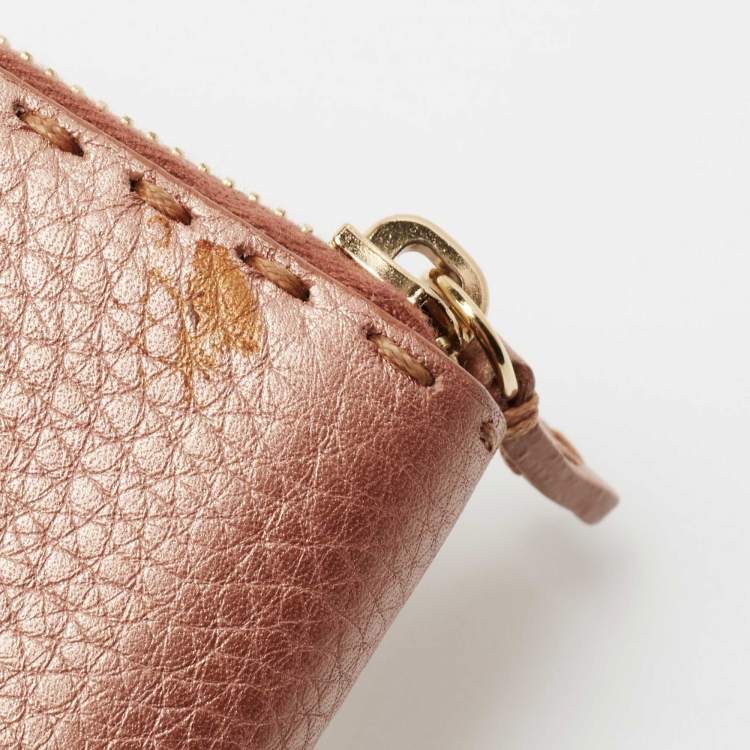Pre Owned Fendi Metallic Rose Gold Leather Selleria Zip Around Wallet