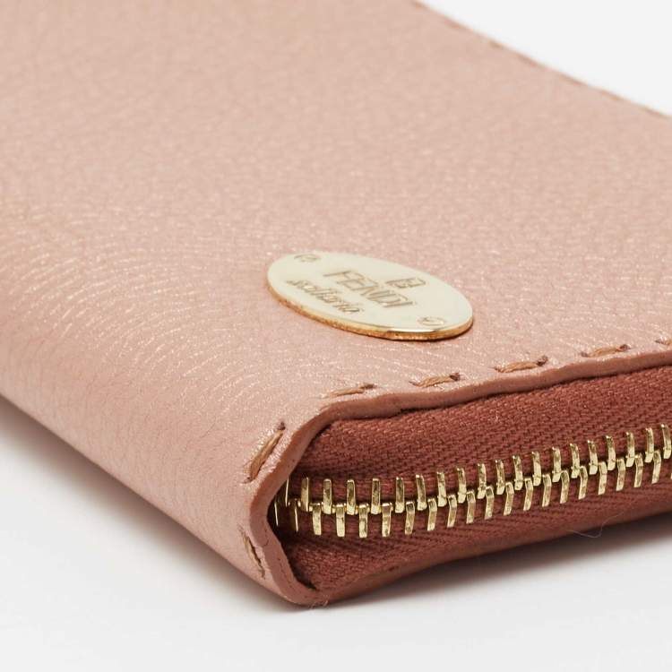 Pre Owned Fendi Metallic Rose Gold Leather Selleria Zip Around Wallet