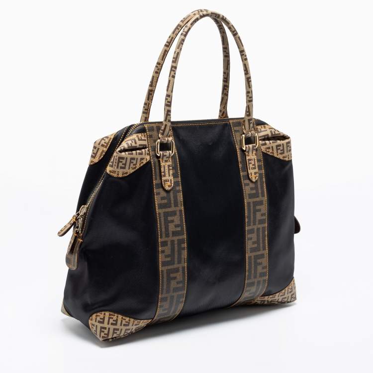 Pre Owned Fendi Tobacco/Black Zucca Coated Canvas and Leather Mixed Media Boston Bag