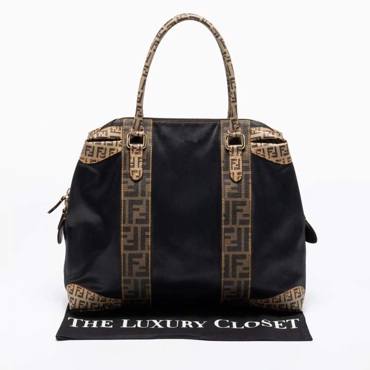 Pre Owned Fendi Tobacco/Black Zucca Coated Canvas and Leather Mixed Media Boston Bag