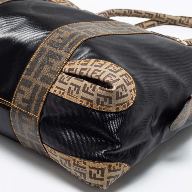 Pre Owned Fendi Tobacco/Black Zucca Coated Canvas and Leather Mixed Media Boston Bag