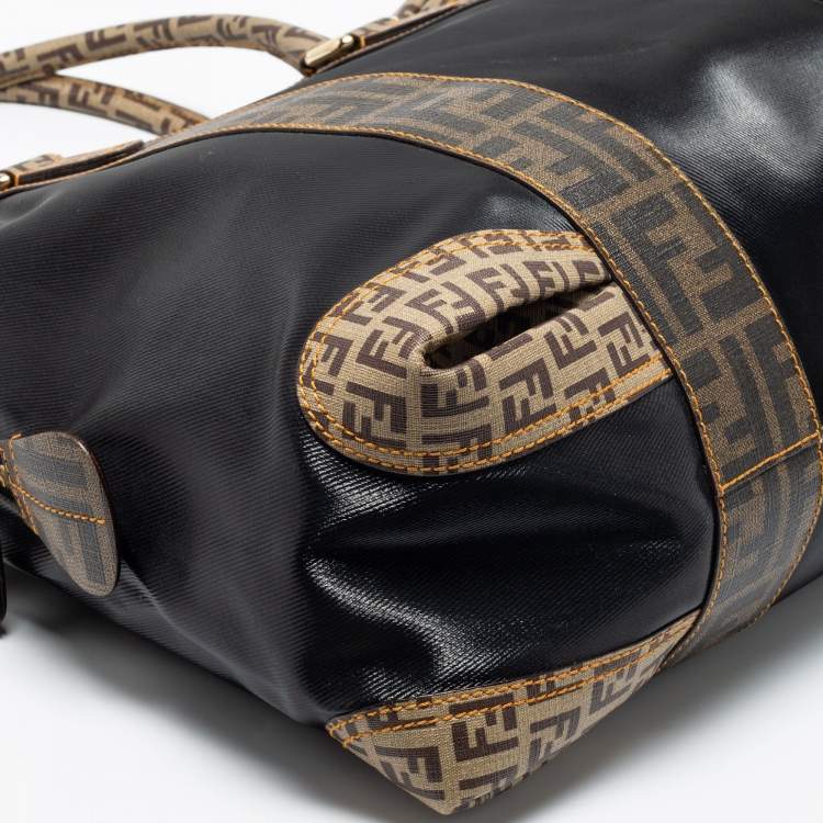 Pre Owned Fendi Tobacco/Black Zucca Coated Canvas and Leather Mixed Media Boston Bag