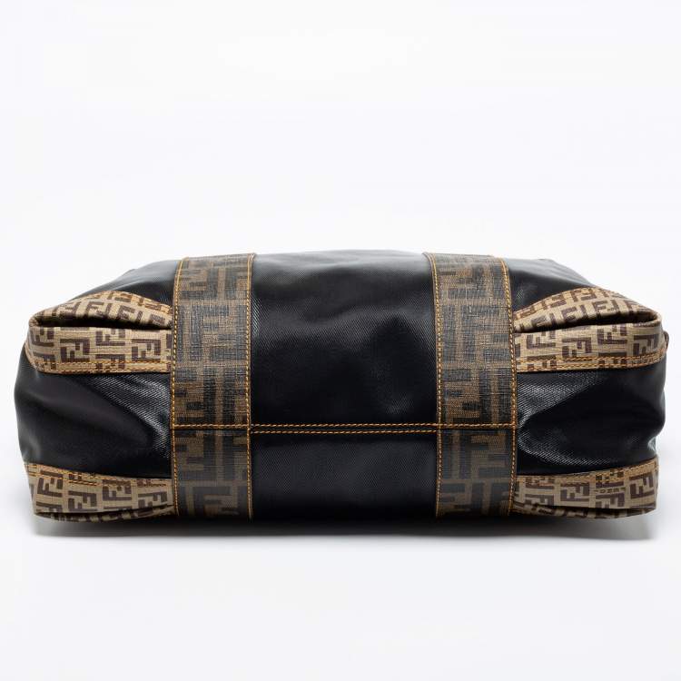 Pre Owned Fendi Tobacco/Black Zucca Coated Canvas and Leather Mixed Media Boston Bag