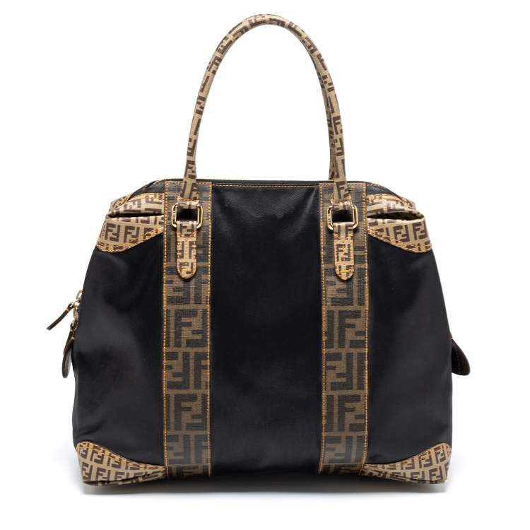 Pre Owned Fendi Tobacco/Black Zucca Coated Canvas and Leather Mixed Media Boston Bag