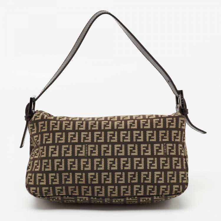Pre Owned Fendi Tobacco Zucca Canvas and Leather Trim Baguette Bag