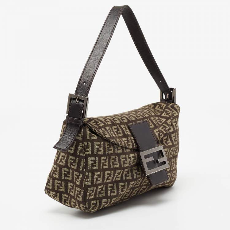 Pre Owned Fendi Tobacco Zucca Canvas and Leather Trim Baguette Bag