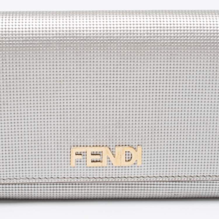 Pre Owned Fendi Silver Leather Logo Flap Continental Wallet