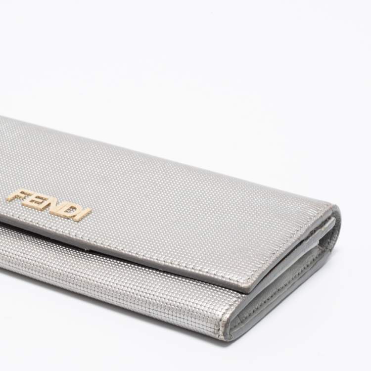 Pre Owned Fendi Silver Leather Logo Flap Continental Wallet