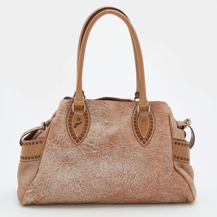 Pre Owned Fendi Metallic Beige Leather Etniko Satchel