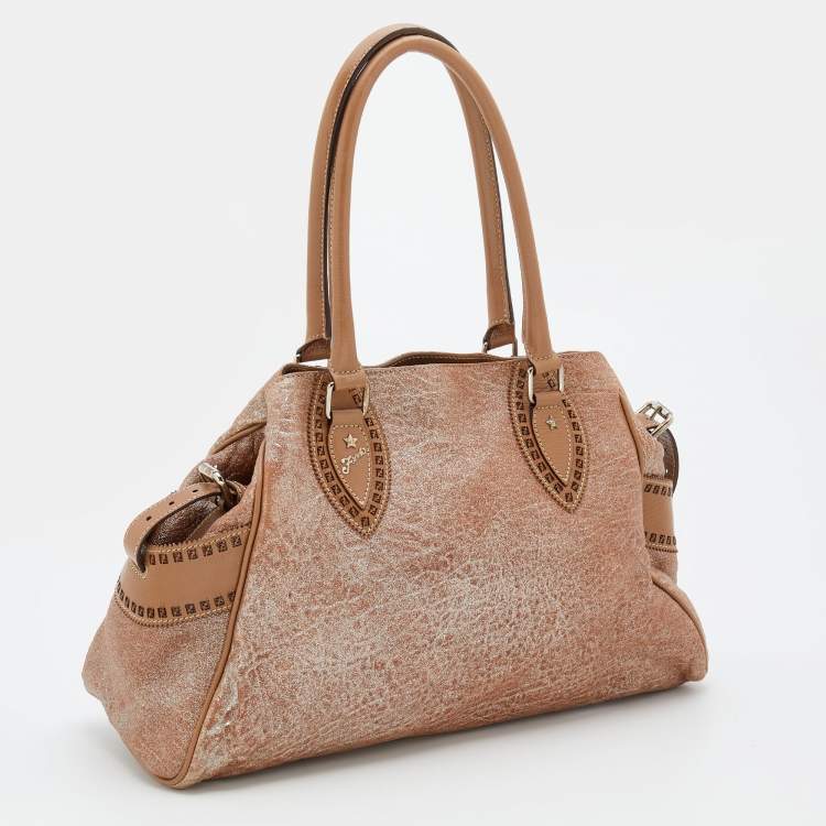 Pre Owned Fendi Metallic Beige Leather Etniko Satchel