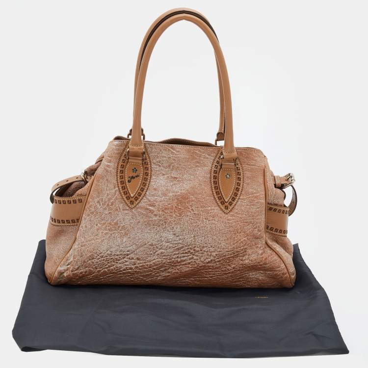 Pre Owned Fendi Metallic Beige Leather Etniko Satchel