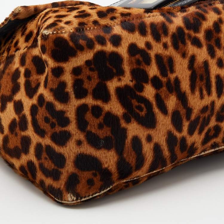 Pre Owned Fendi Brown/Beige Leopard Print Calf Hair And Patent Leather Mama Forever Baguette Shoulder Bag