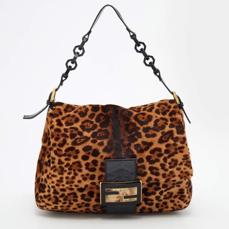 Pre Owned Fendi Brown/Beige Leopard Print Calf Hair And Patent Leather Mama Forever Baguette Shoulder Bag