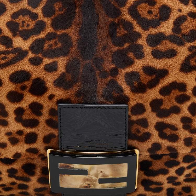 Pre Owned Fendi Brown/Beige Leopard Print Calf Hair And Patent Leather Mama Forever Baguette Shoulder Bag