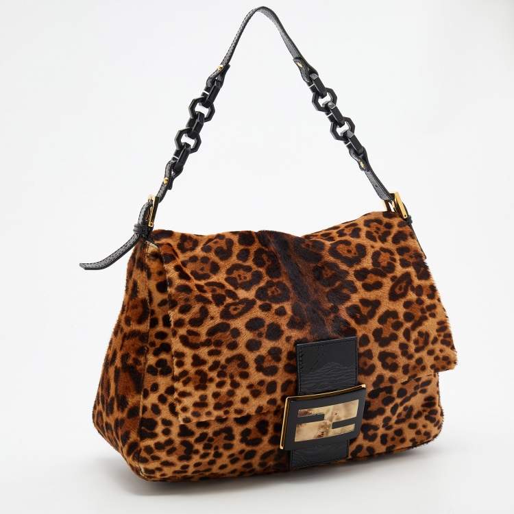 Pre Owned Fendi Brown/Beige Leopard Print Calf Hair And Patent Leather Mama Forever Baguette Shoulder Bag