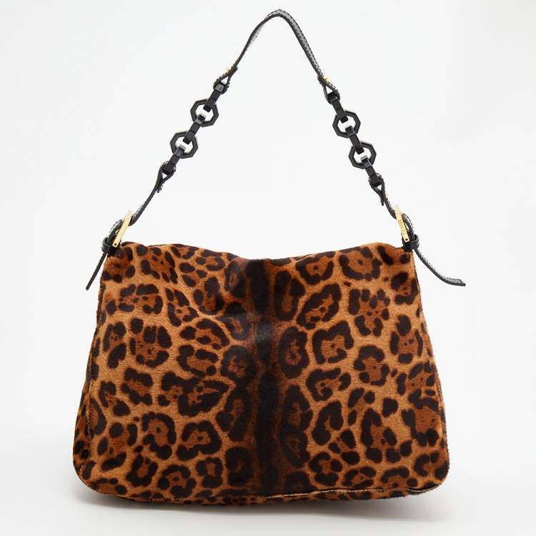 Pre Owned Fendi Brown/Beige Leopard Print Calf Hair And Patent Leather Mama Forever Baguette Shoulder Bag