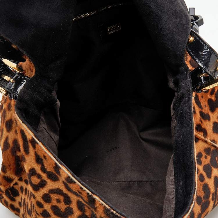 Pre Owned Fendi Brown/Beige Leopard Print Calf Hair And Patent Leather Mama Forever Baguette Shoulder Bag