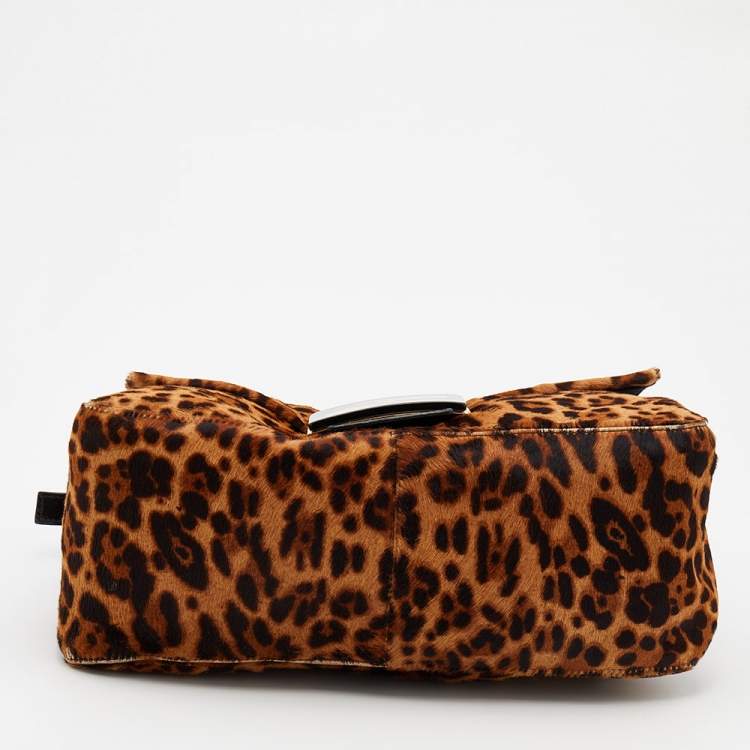 Pre Owned Fendi Brown/Beige Leopard Print Calf Hair And Patent Leather Mama Forever Baguette Shoulder Bag