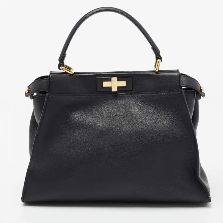 Pre Owned Fendi Black Leather Medium Peekaboo Top Handle Bag