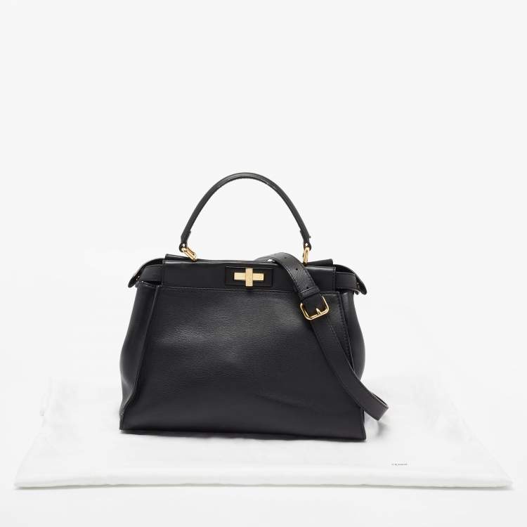 Pre Owned Fendi Black Leather Medium Peekaboo Top Handle Bag