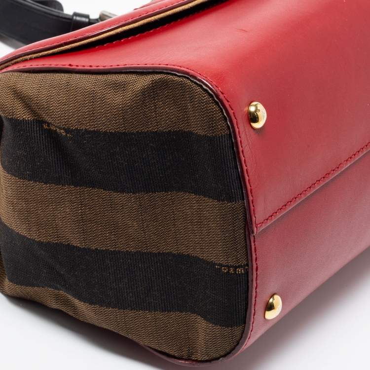 مملوكة مسبقًا Fendi Red/Brown Leather and Pequin Stripe Canvas Silvana Top Handle Bag