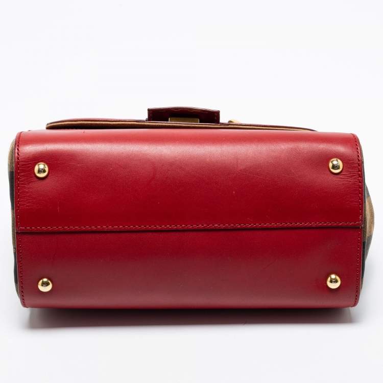 مملوكة مسبقًا Fendi Red/Brown Leather and Pequin Stripe Canvas Silvana Top Handle Bag