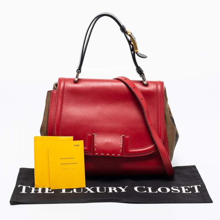 ممل�وكة مسبقًا Fendi Red/Brown Leather and Pequin Stripe Canvas Silvana Top Handle Bag