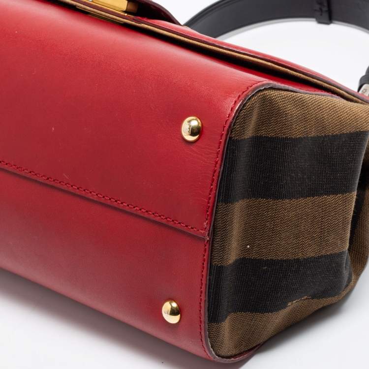 مملوكة مسبقًا Fendi Red/Brown Leather and Pequin Stripe Canvas Silvana Top Handle Bag
