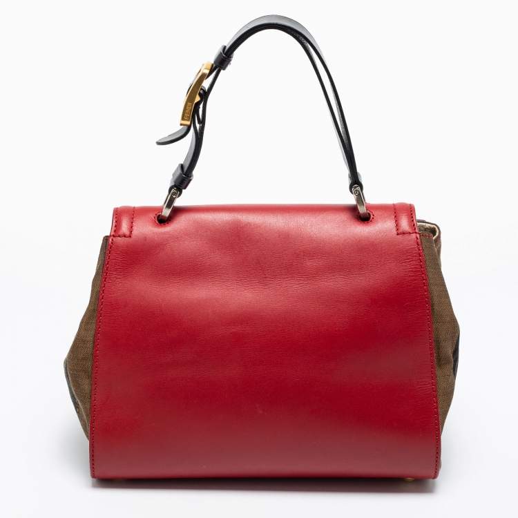 مملوكة مسبقًا Fendi Red/Brown Leather and Pequin Stripe Canvas Silvana Top Handle Bag
