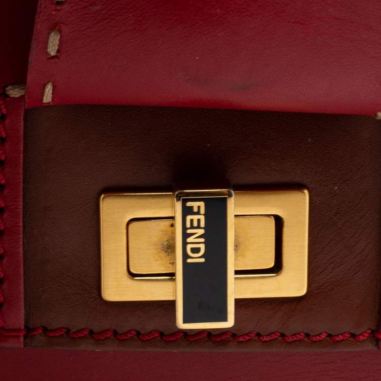 مملوكة مسبقًا Fendi Red/Brown Leather and Pequin Stripe Canvas Silvana Top Handle Bag