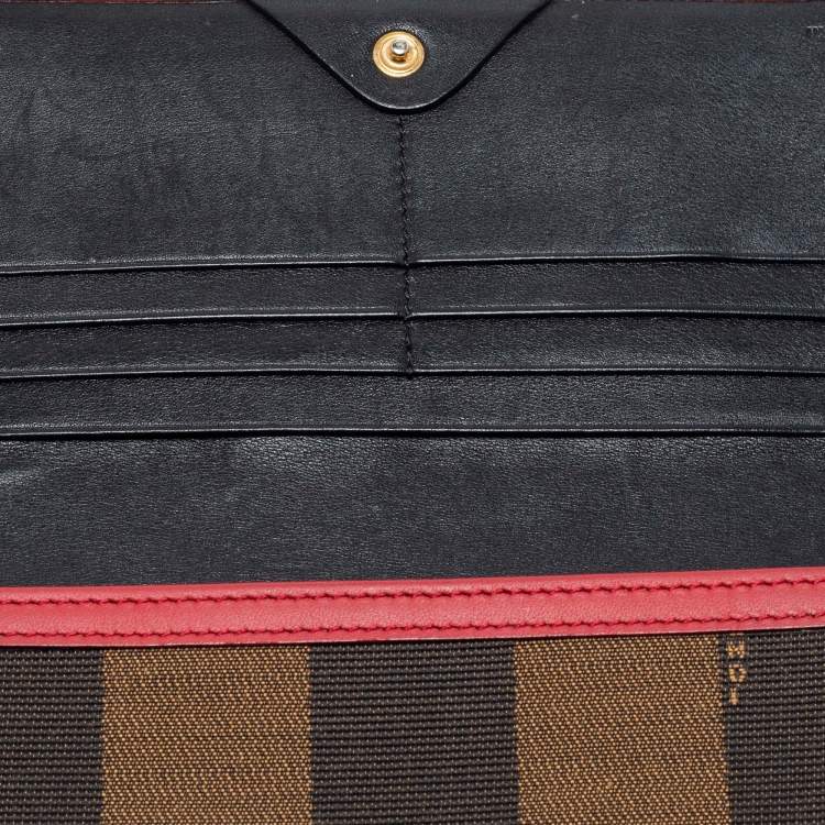 Pre Owned Fendi Brown/Red Pequin Stripe Canvas And Leather Flap Continental Wallet