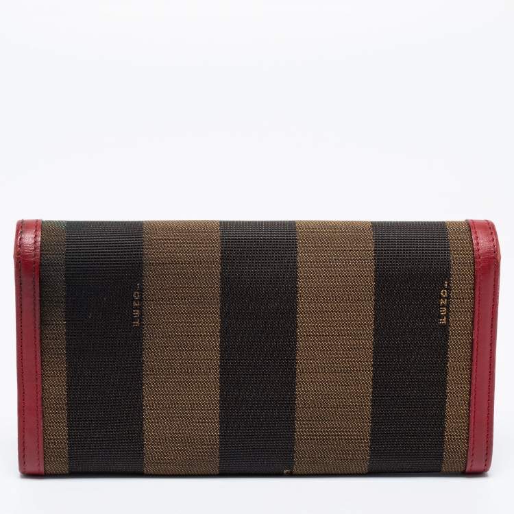 Pre Owned Fendi Brown/Red Pequin Stripe Canvas And Leather Flap Continental Wallet