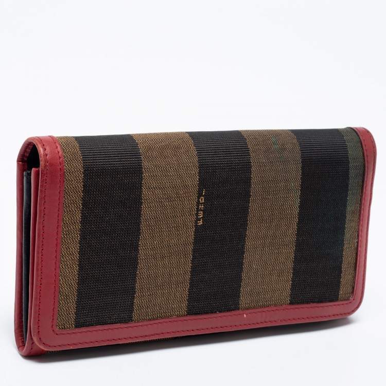 Pre Owned Fendi Brown/Red Pequin Stripe Canvas And Leather Flap Continental Wallet