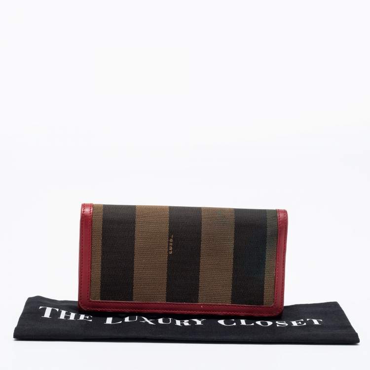 Pre Owned Fendi Brown/Red Pequin Stripe Canvas And Leather Flap Continental Wallet