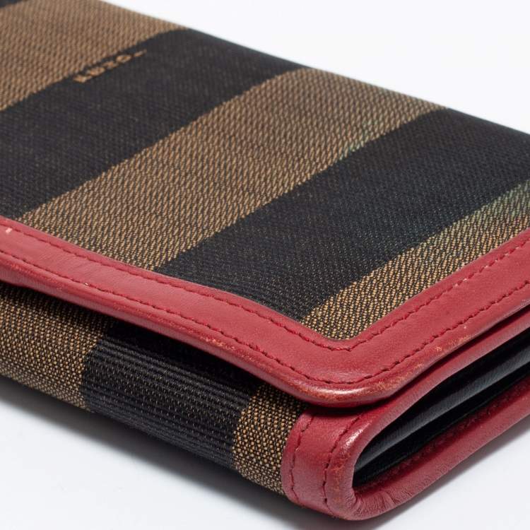 Pre Owned Fendi Brown/Red Pequin Stripe Canvas And Leather Flap Continental Wallet