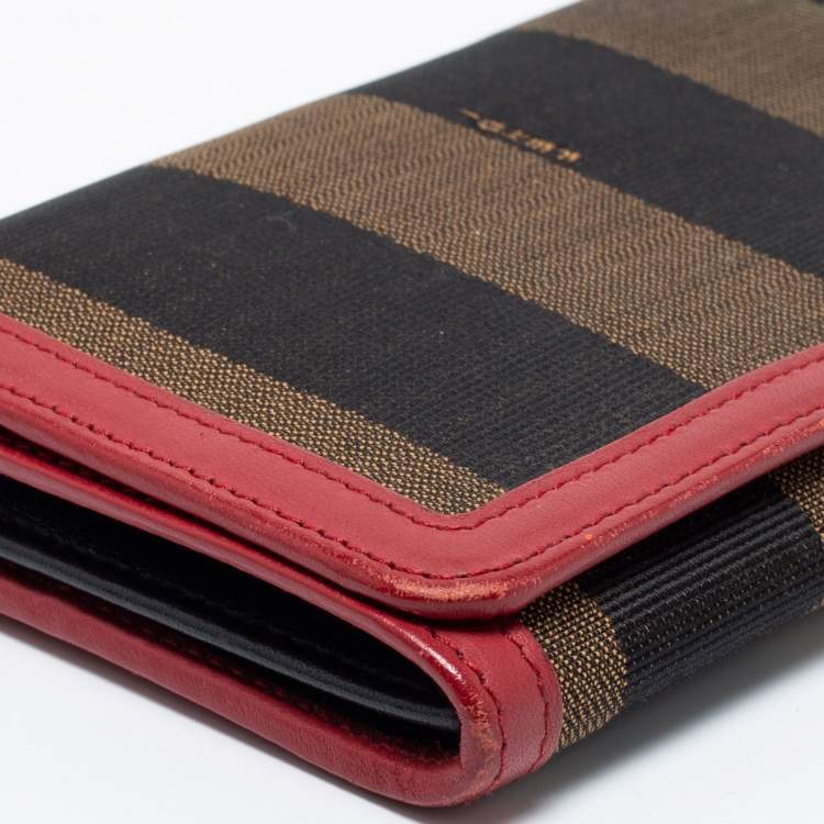 Pre Owned Fendi Brown/Red Pequin Stripe Canvas And Leather Flap Continental Wallet