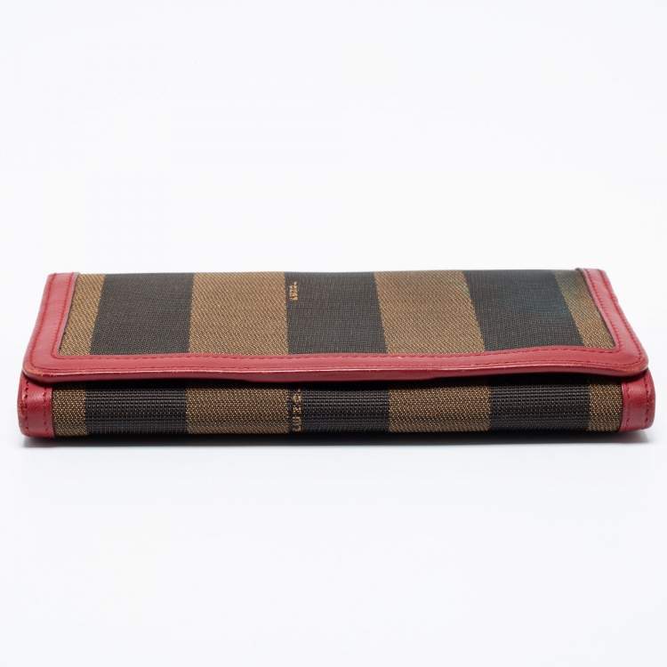 Pre Owned Fendi Brown/Red Pequin Stripe Canvas And Leather Flap Continental Wallet