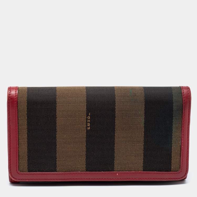 Pre Owned Fendi Brown/Red Pequin Stripe Canvas And Leather Flap Continental Wallet