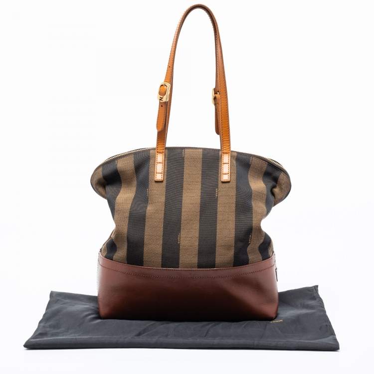 Pre Owned Fendi Pequin Tobacco Canvas and Leather 2Bag Satchel