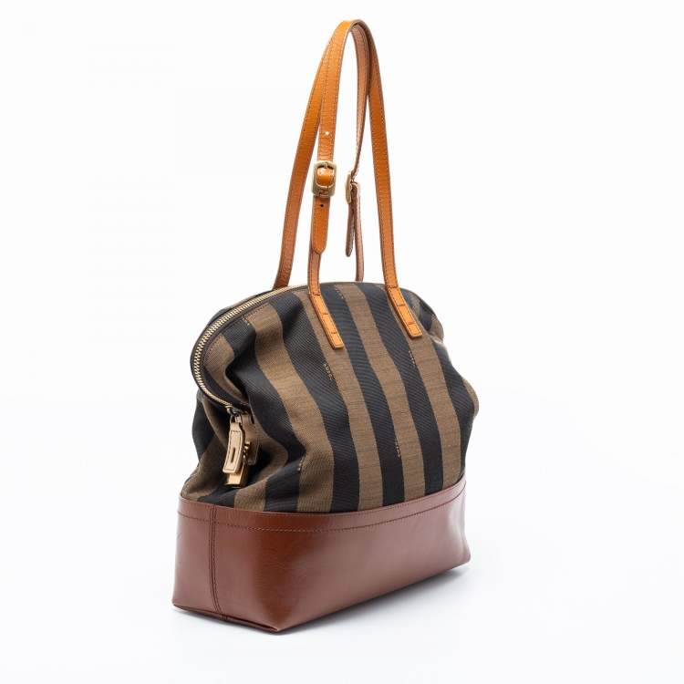Pre Owned Fendi Pequin Tobacco Canvas and Leather 2Bag Satchel