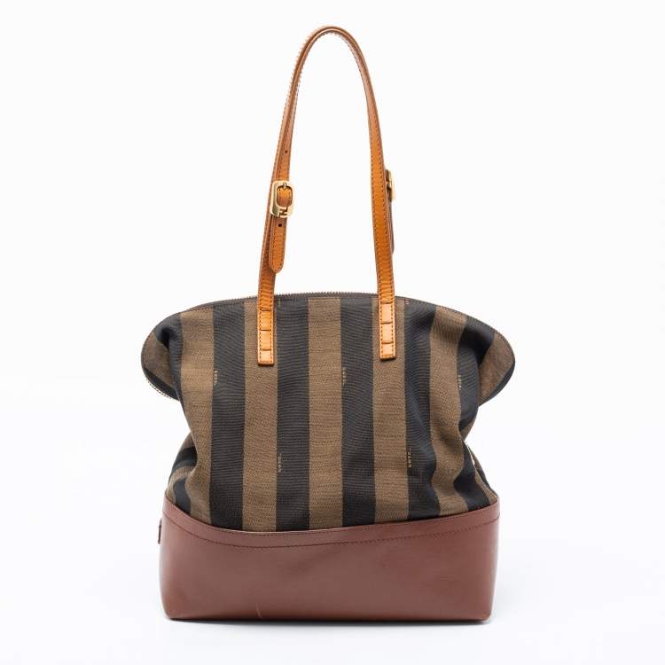 Pre Owned Fendi Pequin Tobacco Canvas and Leather 2Bag Satchel